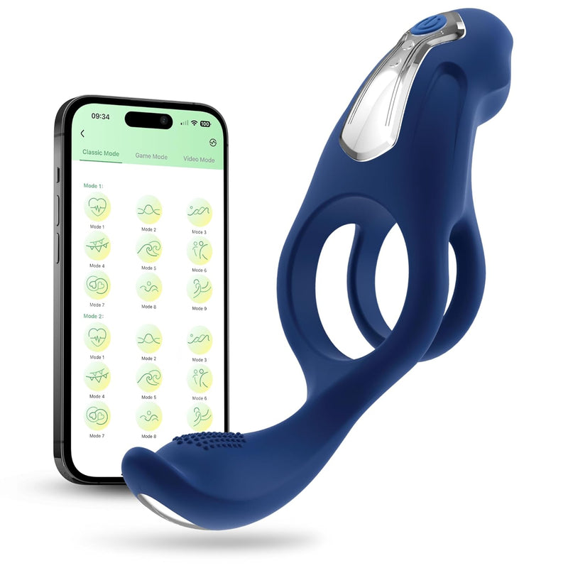 App Controlled Silicone Vibrating Cock Ring Men Erection Sex Aid Double Ring Adult Male Sex Toy His And Hers Pleasure, Blue