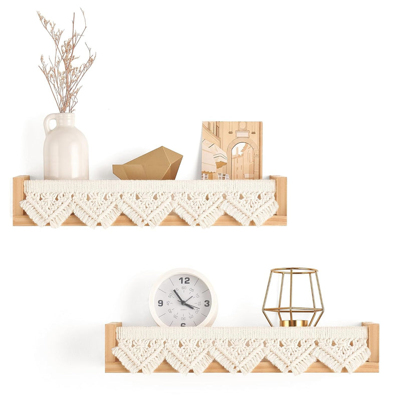 Macrame Floating Shelves Boho Wall Decor Set Of 2 Natural Wood Hanging Storage
