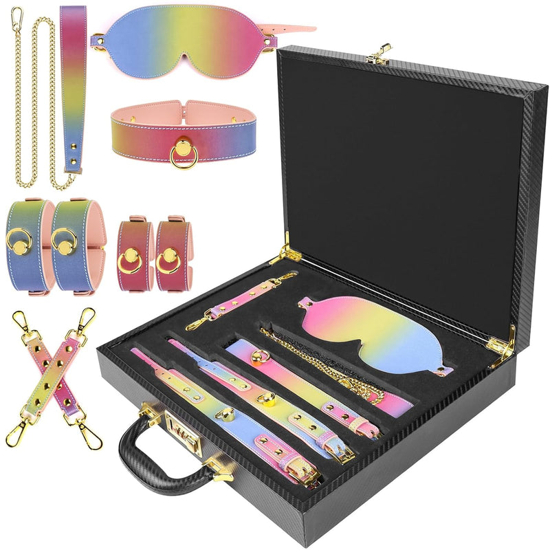 Sex Bondage Bdsm Kits With Suitcase, Sex Toys For Women With Adjustable Handcuffs Ankle Cuffs Blindfold Collar Neck Chain Leather Restraints Set For Couples Beginner Sm Game Play
