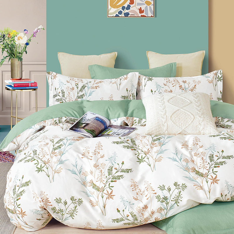 100% Natural Cotton 3Pcs Botanical Comforter Sets King Size-Green Comforter Wi