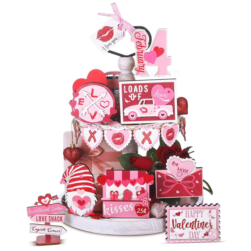 24 Pcs Valentine'S Day Tiered Tray Decorations Lighted Farmhouse Gnome Heart W