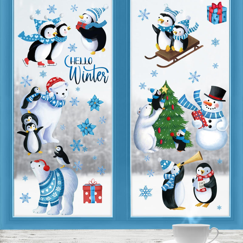 182 Pcs Hello Winter Penguin Window Clings 9 Sheets, Snowman White Bear Christ