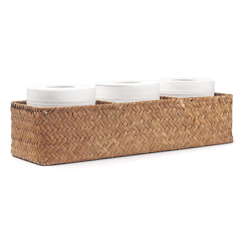 Seagrass Tank Basket For Toilet Paper 3 Sections Woven Storage Basket With Large