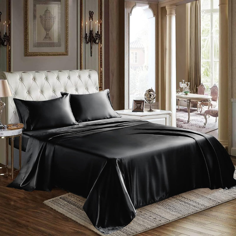 Satin Sheets Full Size - 4 Piece Black Bed Sheet Set With Silky Microfiber, 1