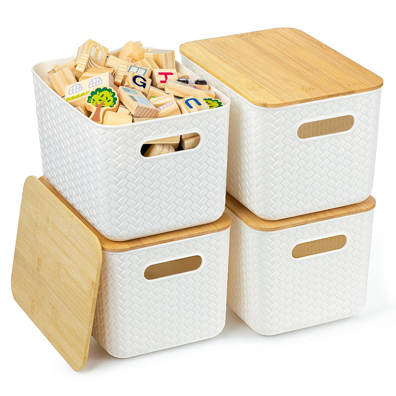 4 Packs Storage Bins With Bamboo Lids - Plastic Storage Containers With Lids Sta