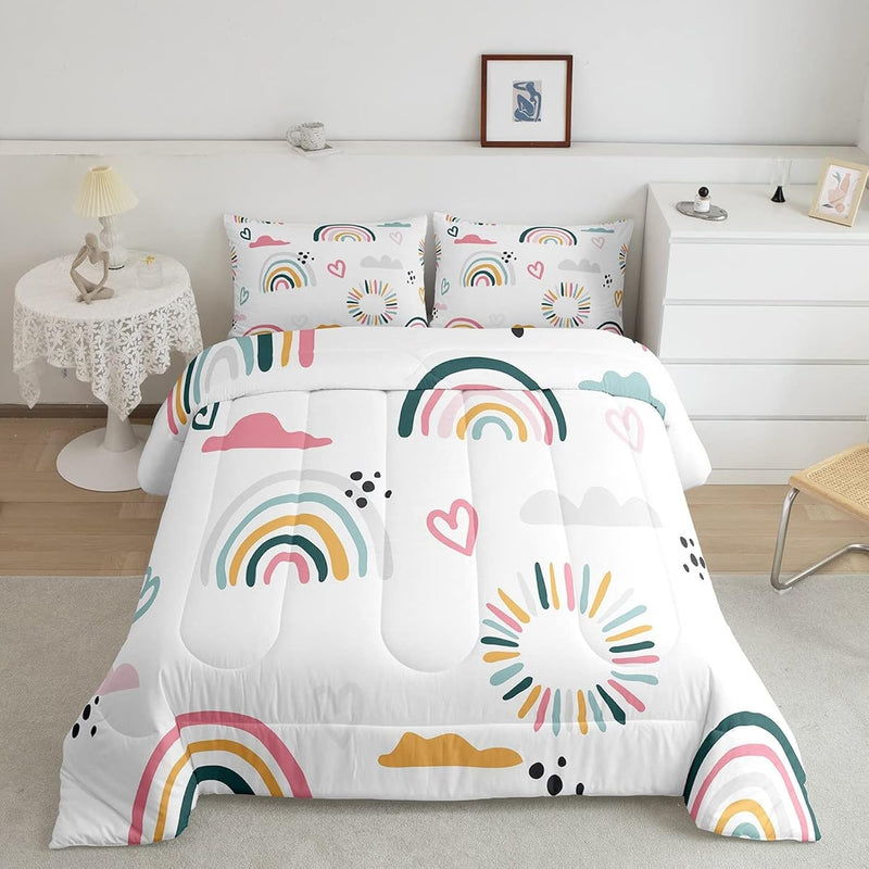 Girls Catoon Rainbow Comforter Set Pink Love Heart Bedding Set Decor Cute Clou