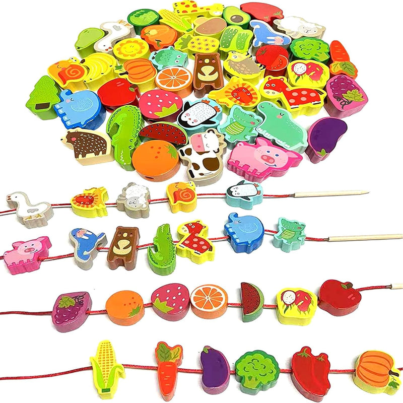 46 Pcs Montessori Wooden Lacing Beads Toys For Toddlers,Educational Stringi