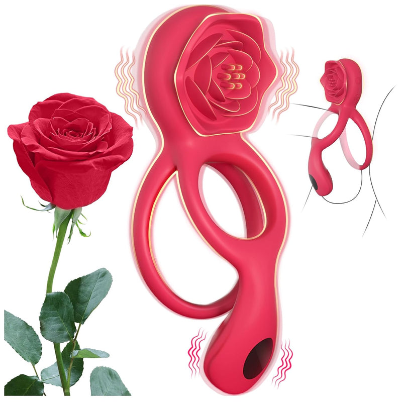 Vibrating Cock Ring With Rose Clitoral Stimulator Testicle Massager, Pleasure Penis Ring Vibrator Couples Adult Sex Toys For Men Women, 9 Vibrations Male Couple Sex Toy For Men Erection Sex