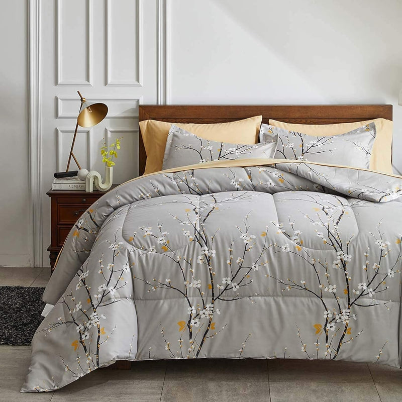 Gray Comforter Sheet Set Bed In A Bag 7 Pieces King Size Tree Branch Bloom Flo