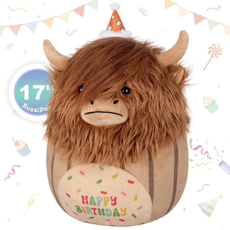 17 Inch Happy Birthday Highland Cow Stuffed Animal Plush Pillows, Soft Cow