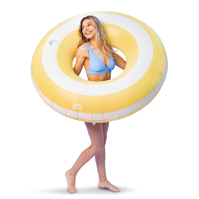 2 Pack Of Giant Inflatable Yellow Stripe Tube Floats, Donut Style Pool Floa