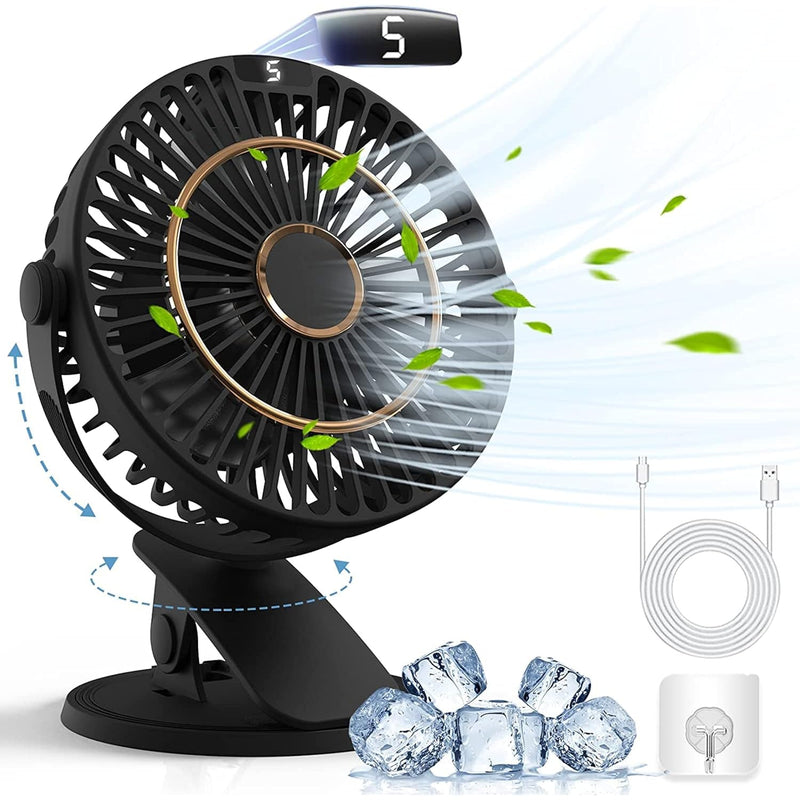 5 Speeds Clip on Fan Rechargeable - Mini USB Portable Desk Fan with Clip, LED Display Powerful Silent Table Fan, 720°Flexible Rotation for Bed, Home, Stroller, Sport, Camping (Black)