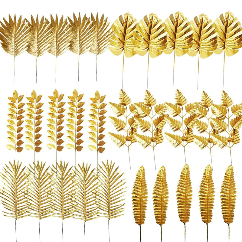 30Pcs Artificial Plants Golden Leaves Mixed Tropical Palm Leaf Fake Gold Plant