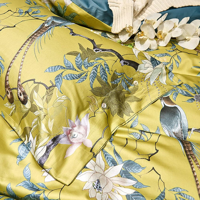 King Size Flowers And Birds Pattern Printed Gold Bed Pilowcase 100% Cotton Pil