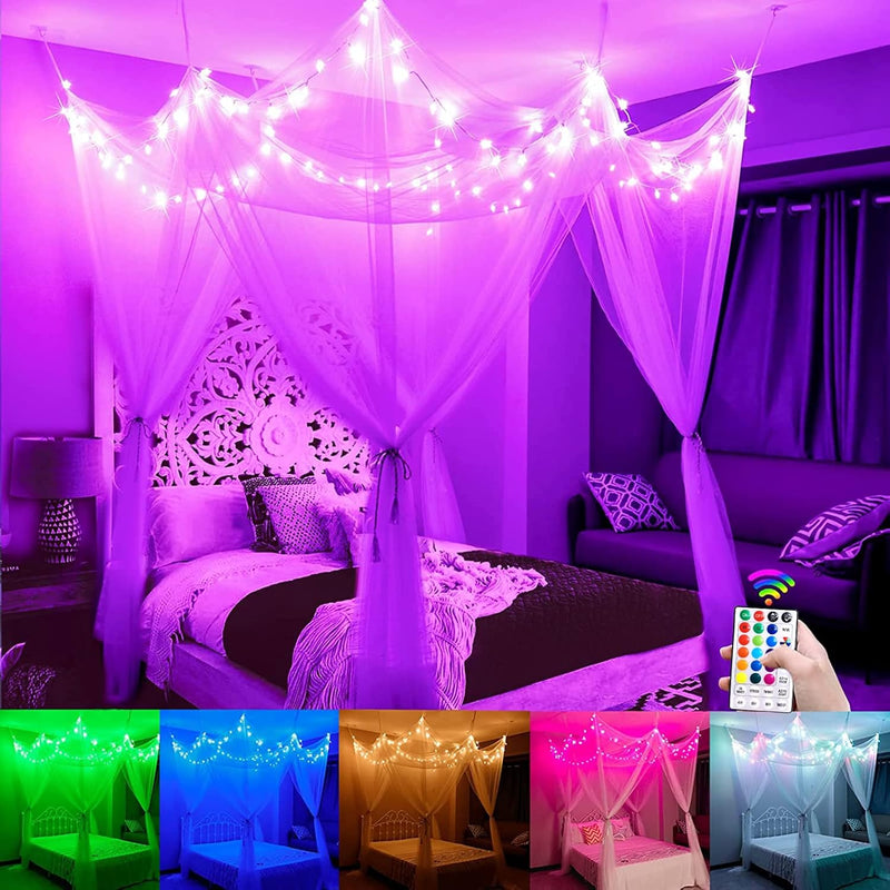 White Bed Canopy With Star Lights Girls Bedroom Christmas Decor, 8 Corners Pos