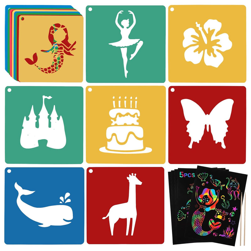 20 Piece Kids Stencil Set for Painting with 5 Scratch Paper Sheets