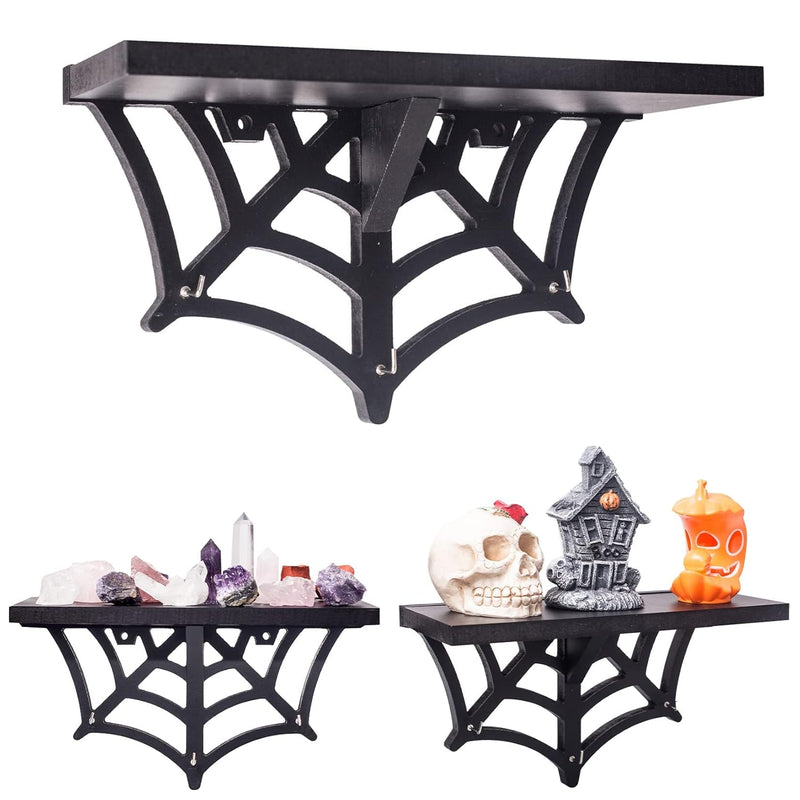 Spider Web Floating Shelf - Gothic Halloween Hanging Shelf With Hooks For Wall