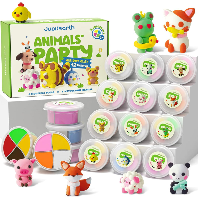 Air Dry Clay Modeling Set for Kids, 12 Animals Theme Party, Perfect for Art and Creativity