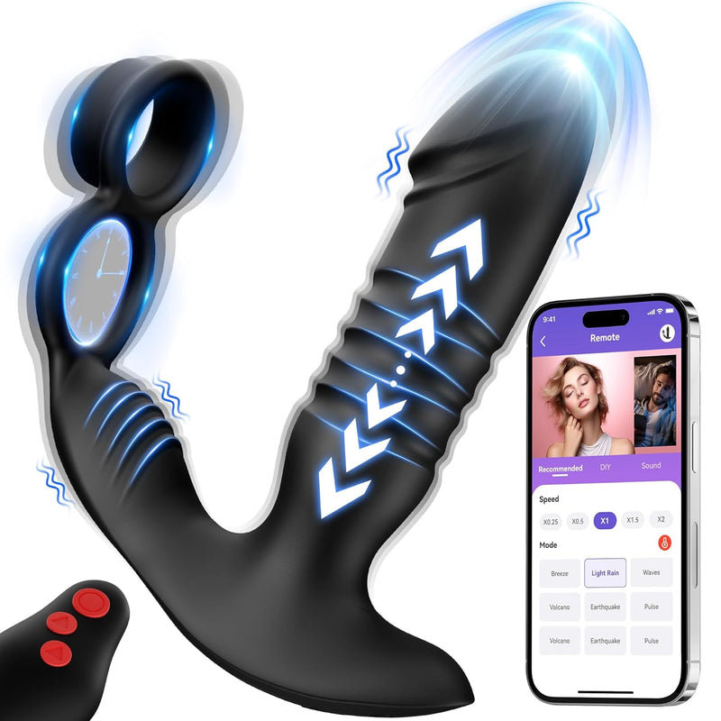 Prostate Massager Vibrating Butt Plug - 3 In 1 Male Sex Toys For Men With Dual Cock Ring Anal Plug, App & Remote Control Butt Plug, 7 Thrusting & Vibrating Modes G Spot Vibrator Couples Male Sex Toy