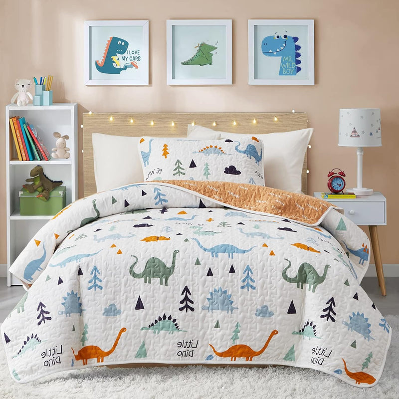 2-Piece Cotton Quilt Set Twin, Cute Dinosaur Reversible Design For Kids Boys N