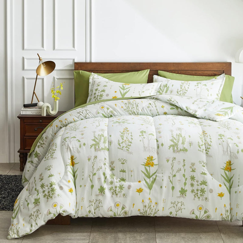 7 Piece Botanical Bed In A Bag Queen, Green Leaves Yellow Flower On Green Tint