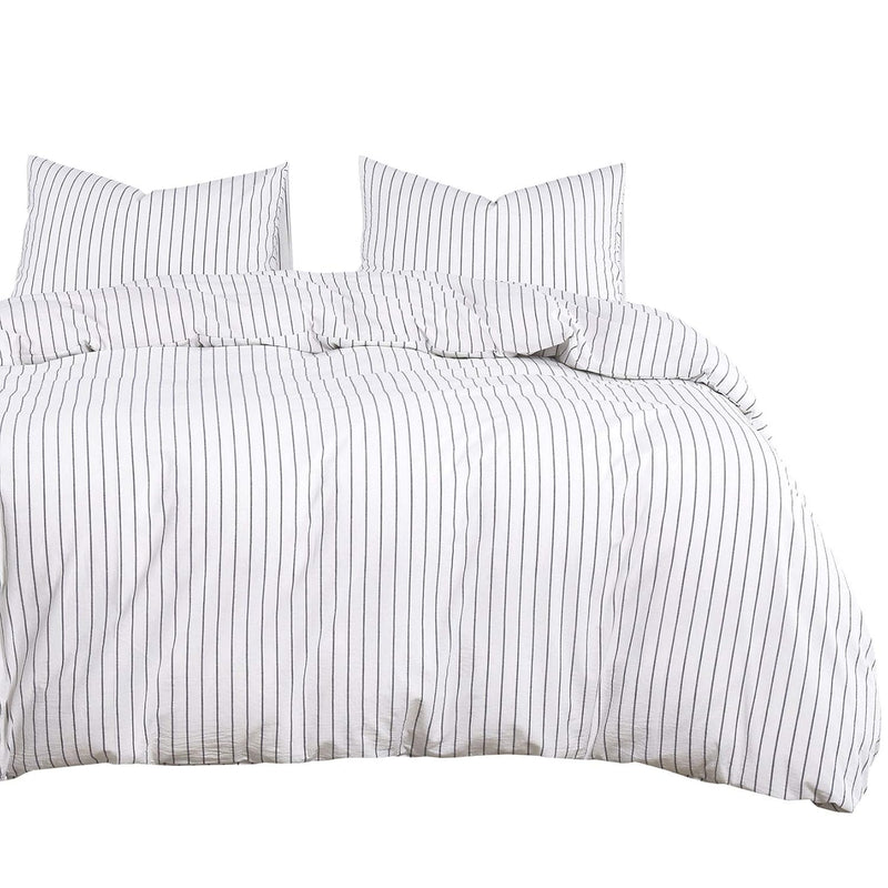 - White Striped Duvet Cover Set, 100% Washed Cotton Bedding, Black Vertical Ti