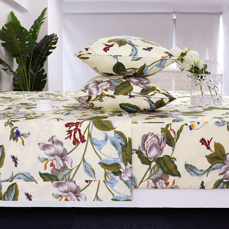 Shabby Floral Sheets Queen Size 100% Cotton 600 Tc White Flower & Green Leaves