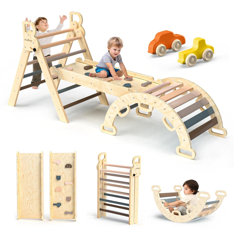 Pikler Triangle Set 7In1 Foldable Baby Climbing Toys Wooden Montessori Clim
