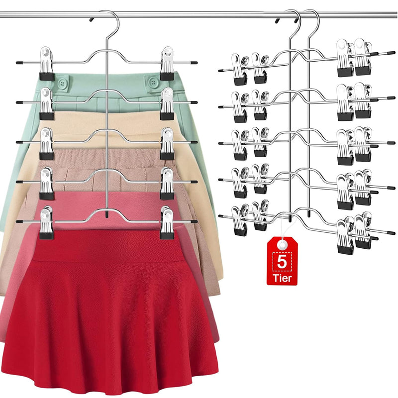 5 Tiers Skirt Pants Hangers With Clips, 2 Pack Skirt Hangers Pant Hangers Space