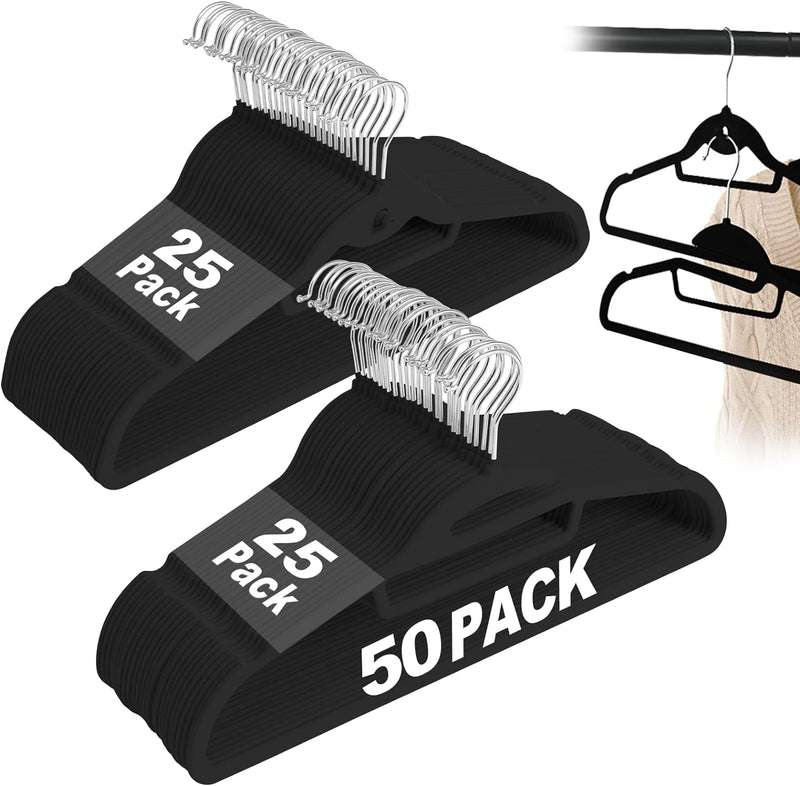 Black Velvet Hangers 50 Pack, S-Shaped and Stackable Non Slip Felt Hanger with 360°Swivel Hook, Ultra Thin and Space Saving Flocked Hangers for Suits, Shirts, Coats, 15Lbs Capacity Heavy Duty
