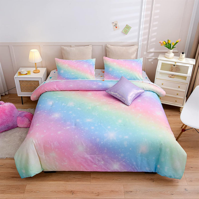 6Pcs Gradient Glitter Bedding Set For Girls Full Size, Colorful Rainbow Galaxy