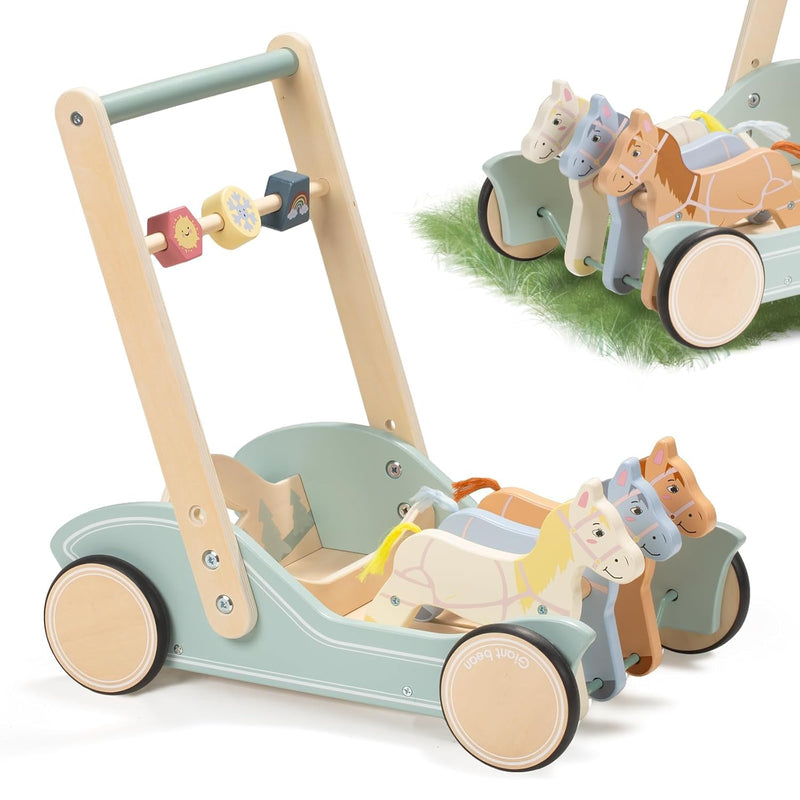 Wooden Baby Walker For Boys Girls Ages 1+, Galloping Ponies Push And Pull A