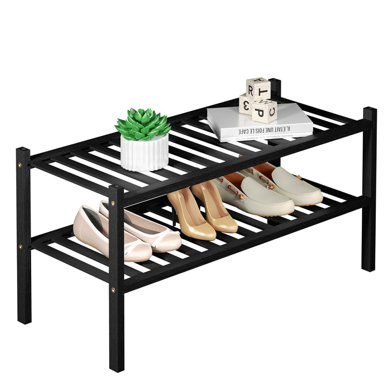 2 Tier Bamboo Shoe Rack For Closet Free Standing Wood Shoe Shelf For Entryway Sm