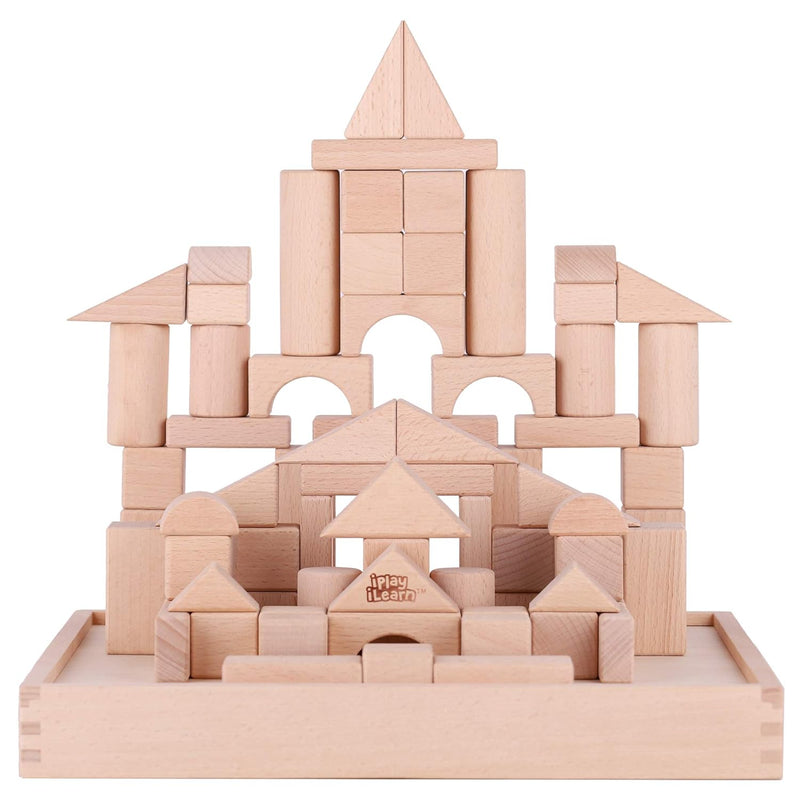 iPlay, iLearn Kid Wooden Building Block Set, Toddler Natural Wood Block Mon