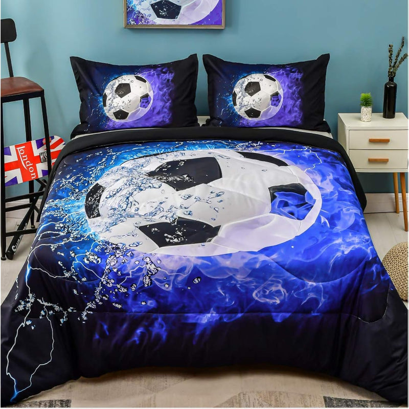 3D Soccer Comforter Full(79X90 Inch), 3 Pieces(1 Soccer Comforter, 2 Pillowcas