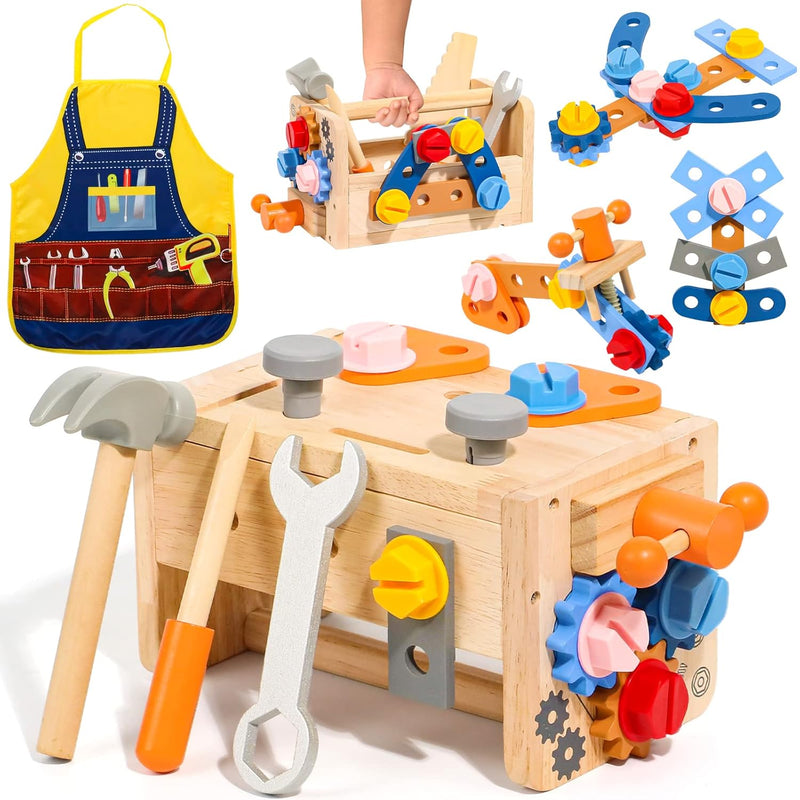 Wooden Kids Tool Set, Toddler Tool Bench With Apron 2 Year Old Toys Gift Stem
