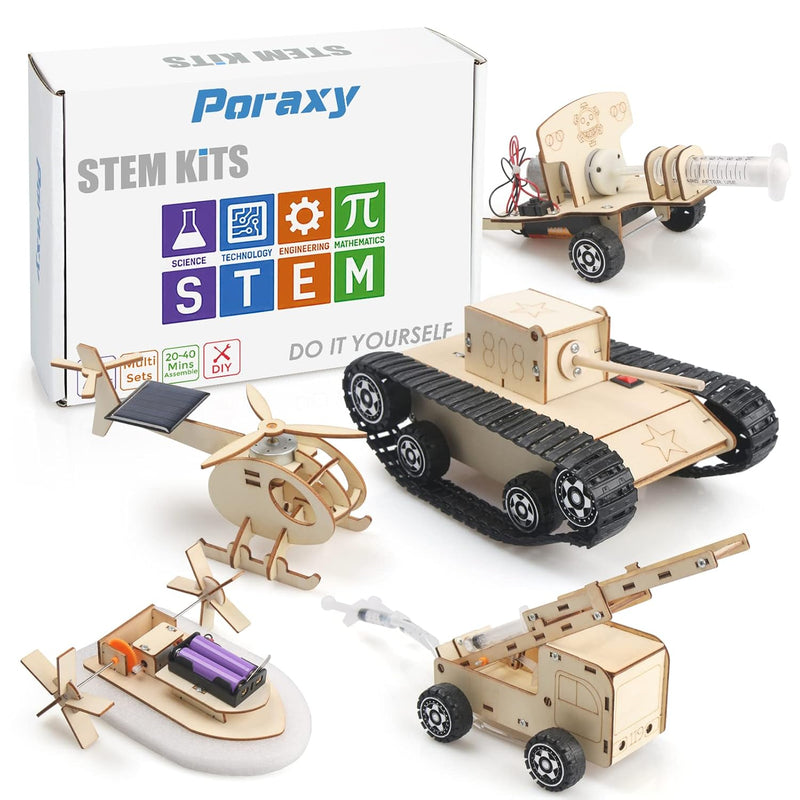 Poraxy 5 Set STEM Kits for Kids Ages 8-10, Model Car Kits, Wooden 3D Puzzle