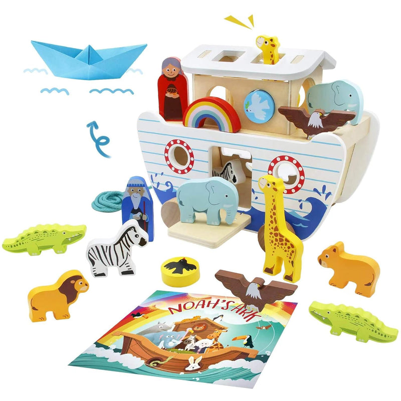 Noah'S Ark Wooden Toy Set, Educational Wooden Animal Toys For Toddlers, Mon