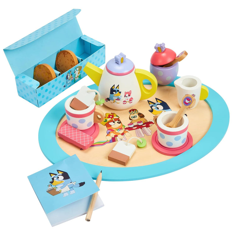 Tea Party Set Wooden 18 Piece Pretend Play Set With Tray, Teapot, Tea Cups, Bi
