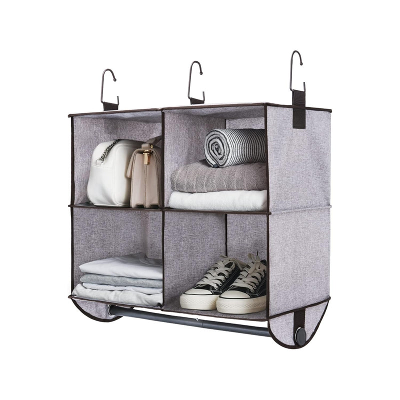 Hanging Closet Organizer With Garment Rod, 4 Section Closet Hanging Shelves, Fab