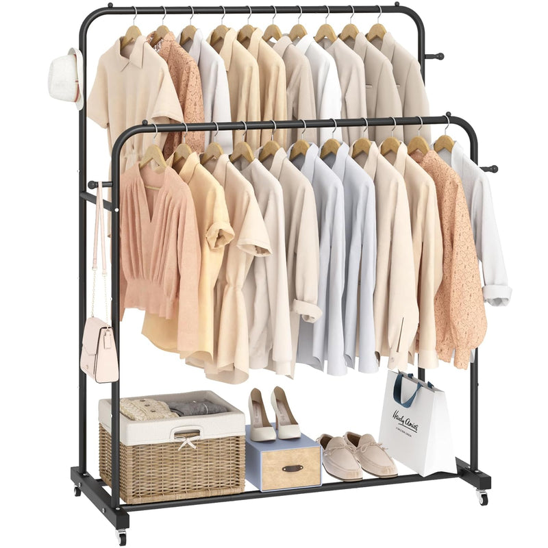Double Rods Garment Rack With Wheels, Clothing Rack For Hanging Clothes,4 Hooks,