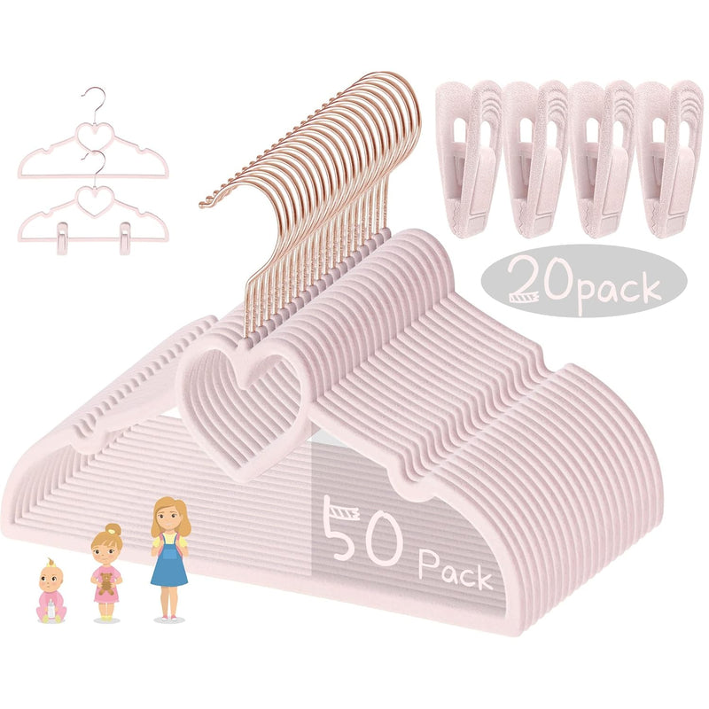 Pink Heart Velvet Baby Hangers - 50Pack 13Inch Toddler Hangers With 20Pcs Clips,