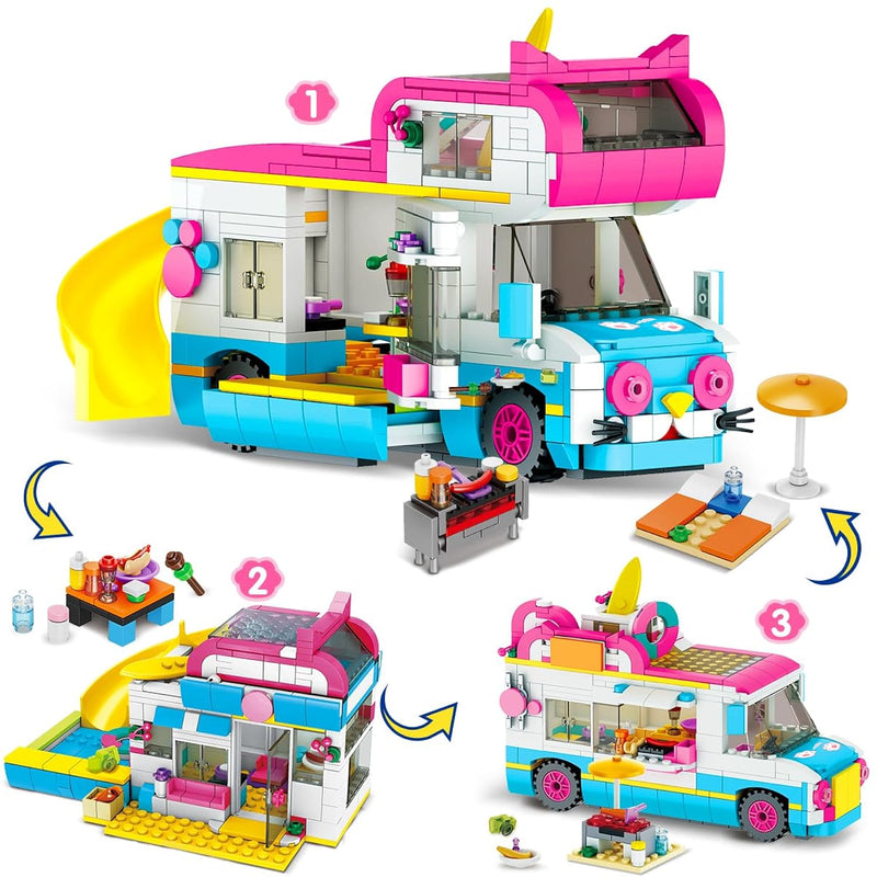 3 In 1 Cat Car Building Set, Girls Camper Van Building Block Sets, Ice Crea