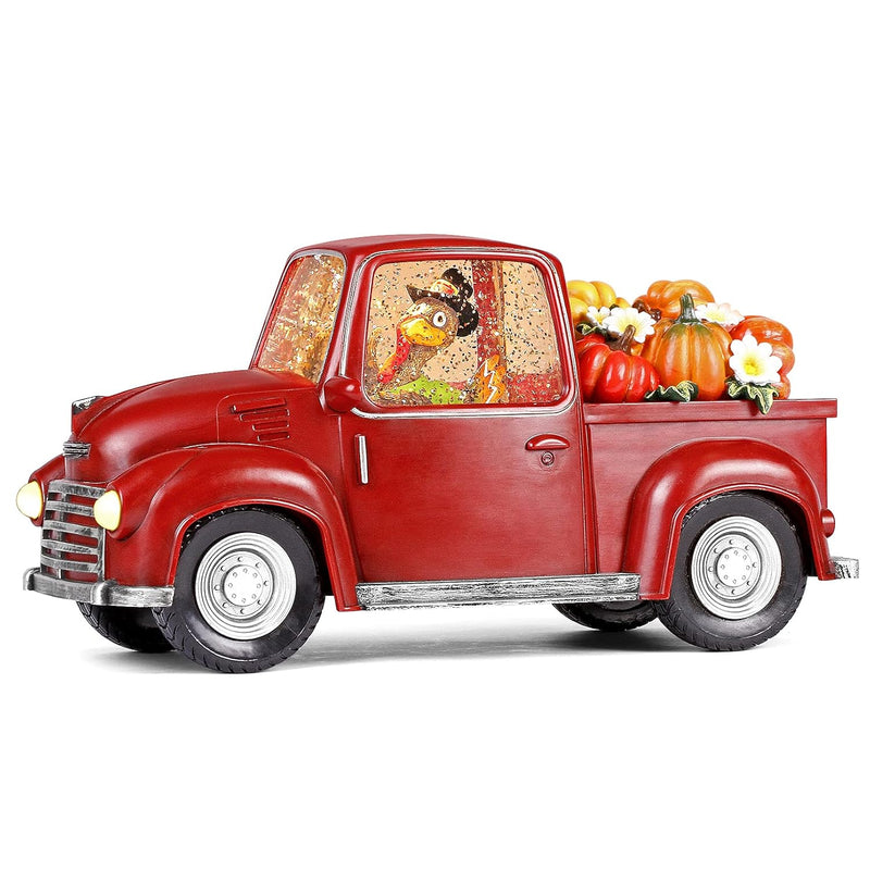 Thanksgiving Turkey Pumpkin Truck, 11.3" Large Size Red Truck Snow Globe, Hand