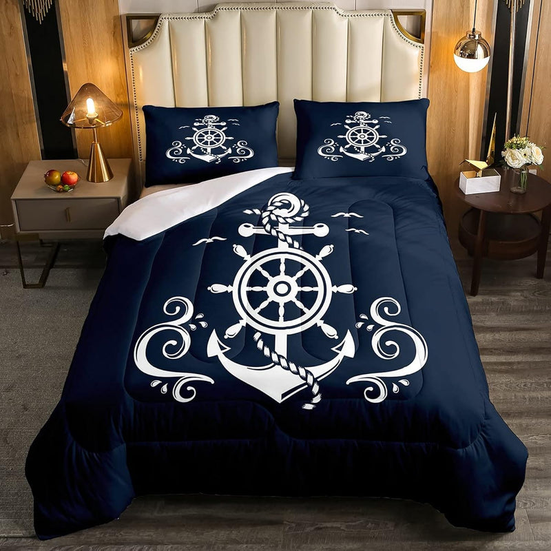 Nautical Anchor Bedding Set, Ocean Sailboat Navy Blue Down Comforter Twin Size