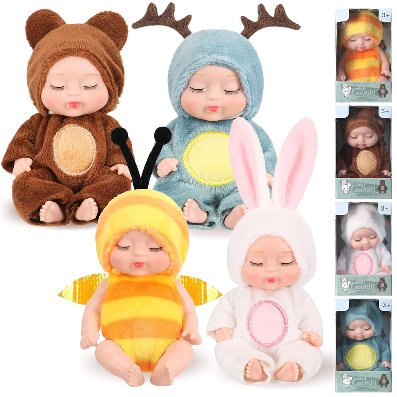 Hanaive 4 Pcs 4 Inch Mini Baby Dolls Lifelike Realistic Baby Dolls Animal C