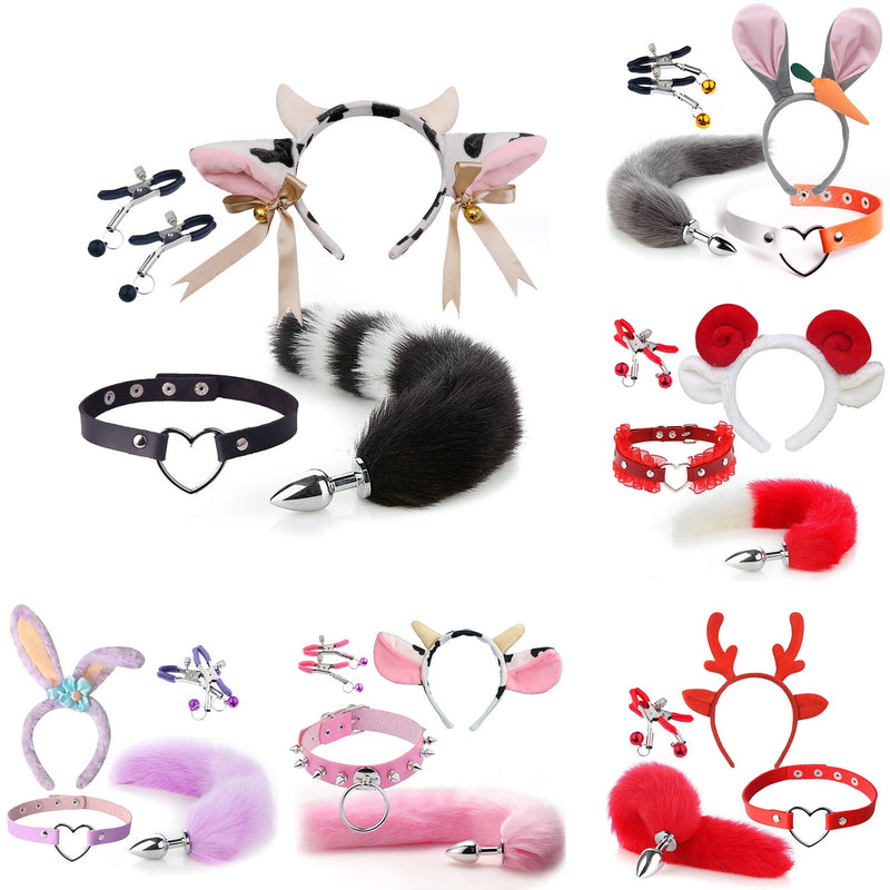 4 Pcs Set Fun Cow Sheep Antelope Rabbit Sexy Maid Tie Ear Hairpin Sm Metal Tail Anal Plug. Cosplay Neck Chest Bondage Accessories Sex Toy For Women Female Men Male Unisex (Cow Pink)
