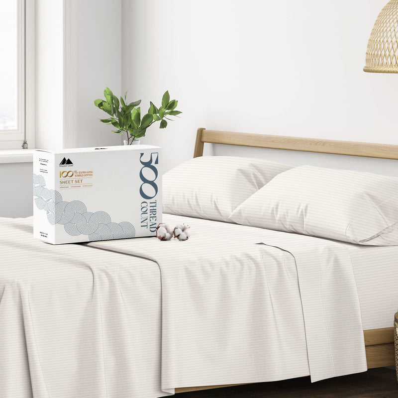 500 Thread Count Bed Sheets 100% Egyptian Cotton Striped Sheets Set - Beige Lo