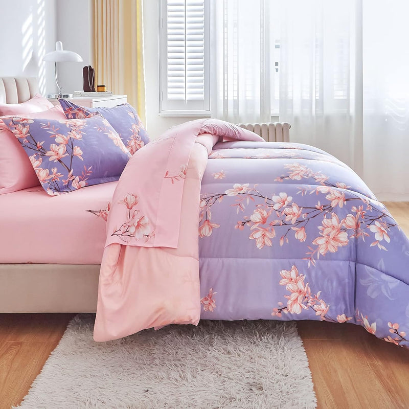 Pink And Light Purple Twin Comforter Set With Sheets,Bed In A Bag 6-Pieces,Bra