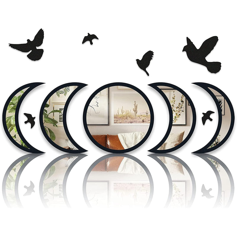 Moon Phase Mirror Set With Birds | Scandinavian Natural Home Boho Wall Decor |